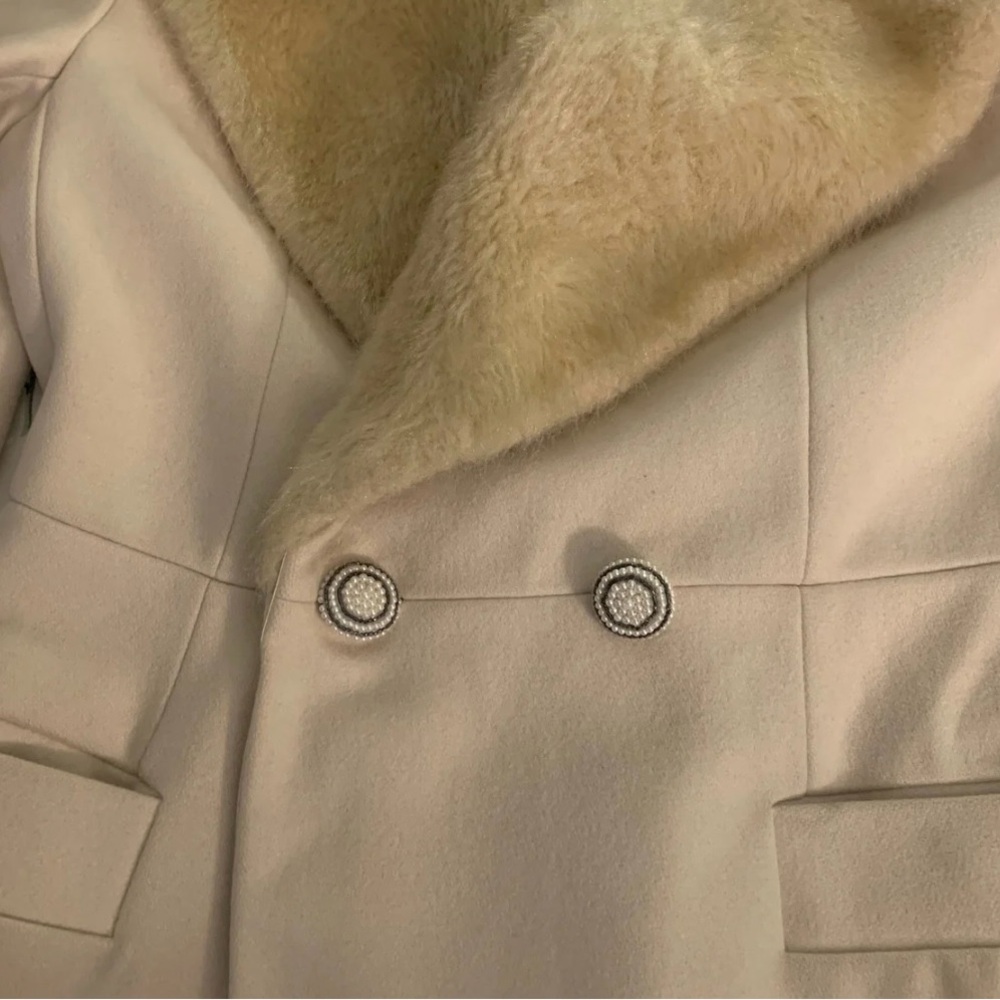 Elegant French Connection Wool Faux Fur Cream Beige Mid Length Coat 6 Tan Jacket - Picture 4 of 13